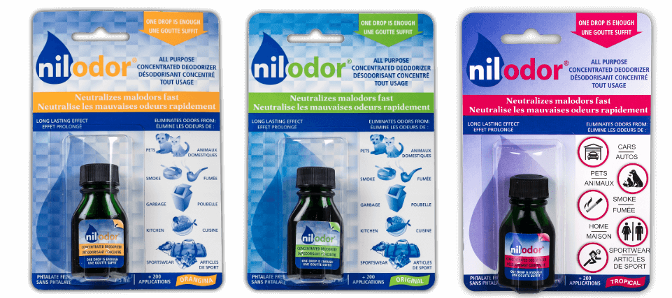 Nilodor drop, odour neutralizer and air freshner (Original, Orangina and Tropical)